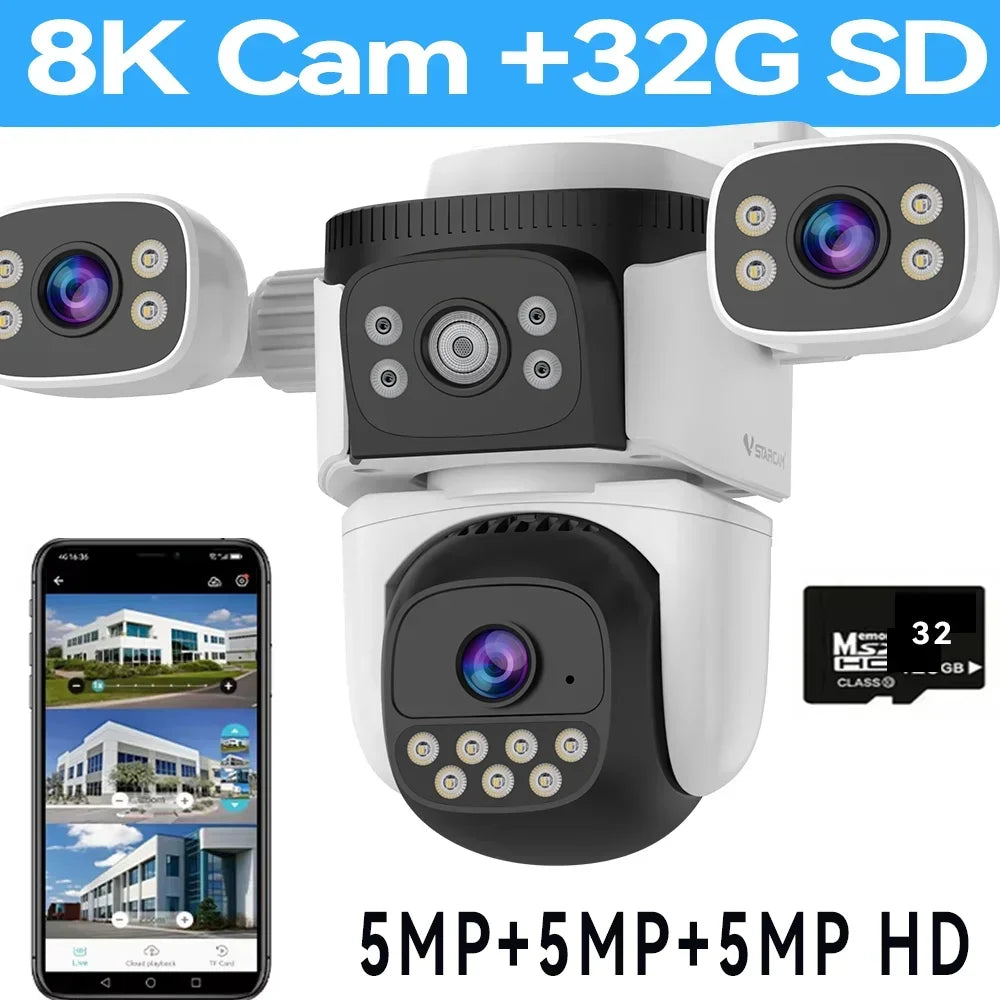 15MP UHD WiFi6 Camera 8K Three Screen Wireless Surveillance Cam Outdoor PTZ Auto Tracking Waterproof CCTV Security IP Camera