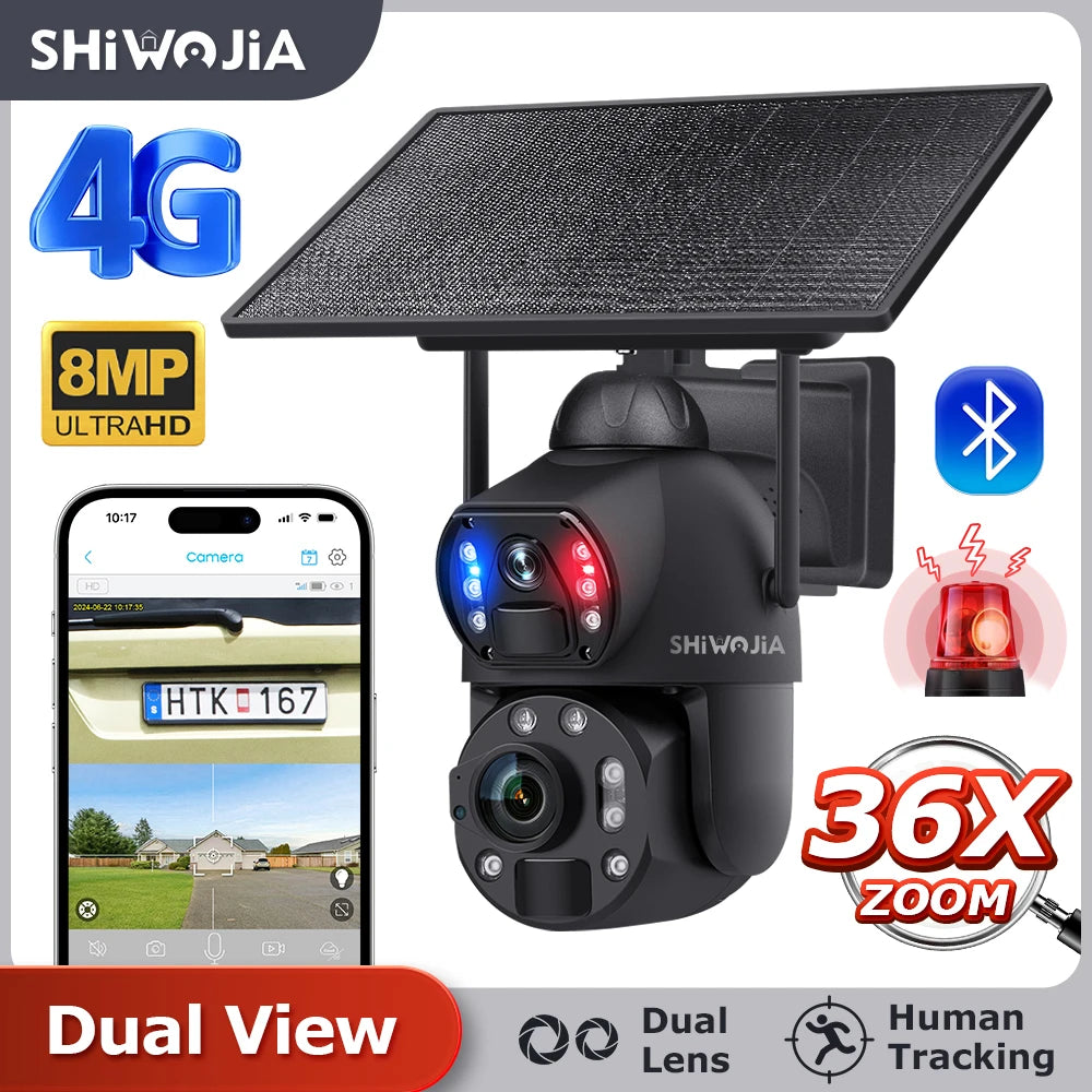 SHIWOJIA 4K 8MP 36X Zoom 4G Solar Camera Dual Lens Dual Screen Human Detect Auto Tracking Outdoor 10W Solar Panel WIFI CCTV