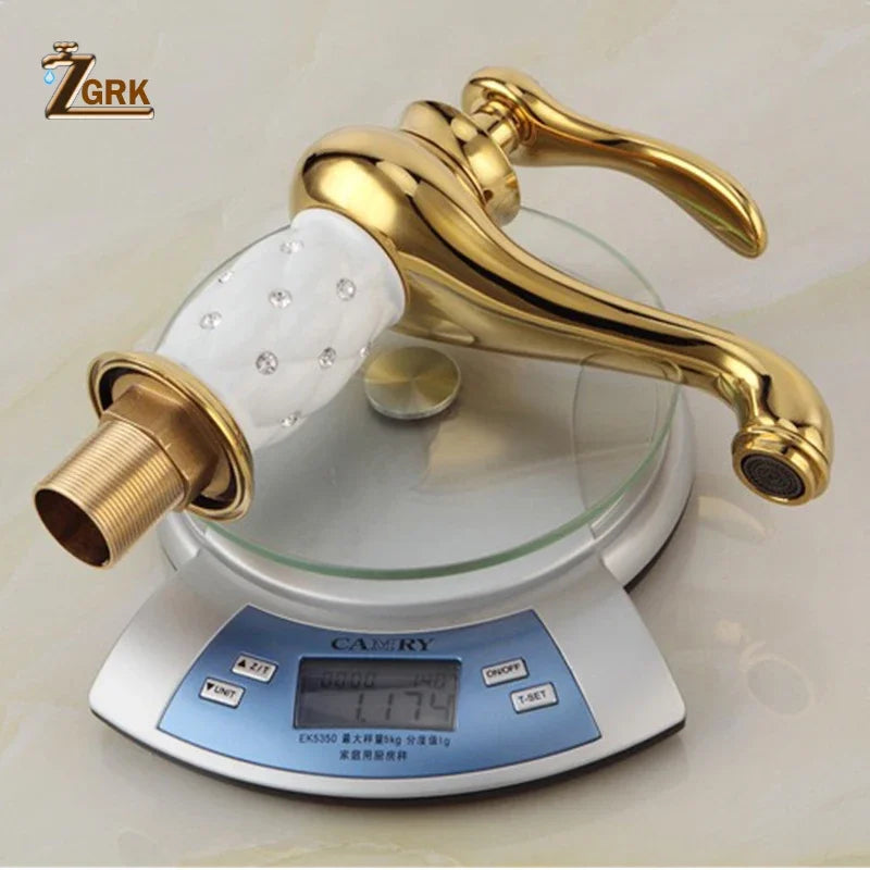 ZGRK Basin Faucets Diamond Gold Bathroom Faucet Single Handle Mixer Tap Hot and Cold Water Mixer Crane Bath Brass Mixer Tap