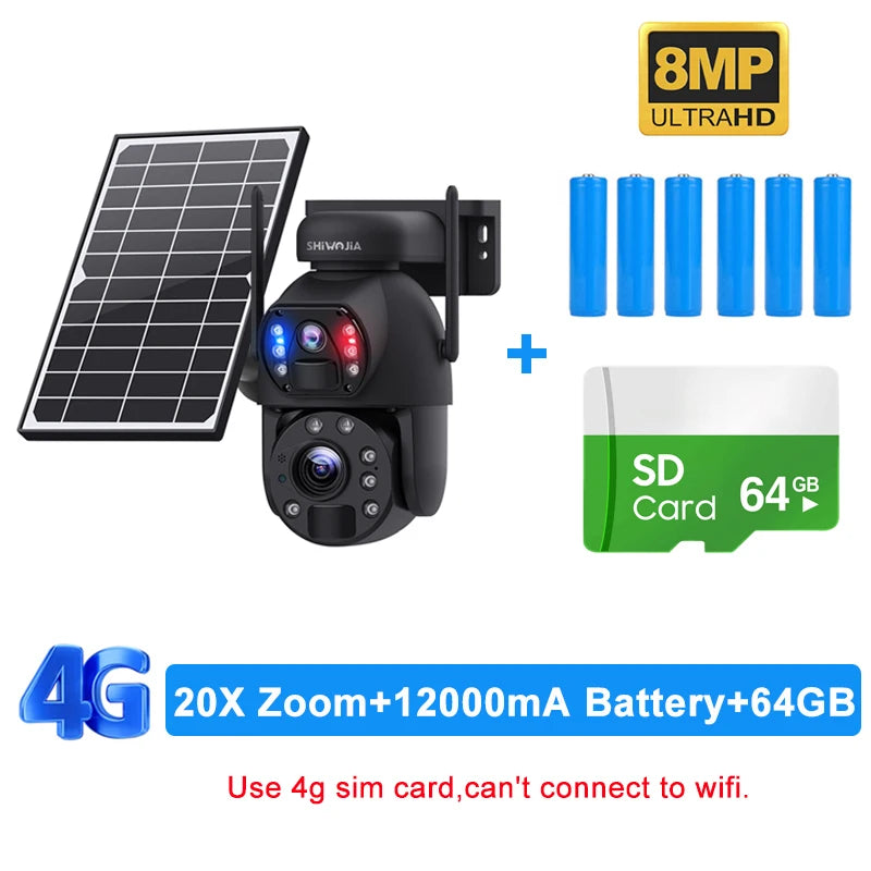 SHIWOJIA 4K 8MP 4G Solar Camera 20X Zoom Dual Lens Recording Humanoid Tracking Outdoor WIFI Camera Metal Waterproof CCTV 12000mA