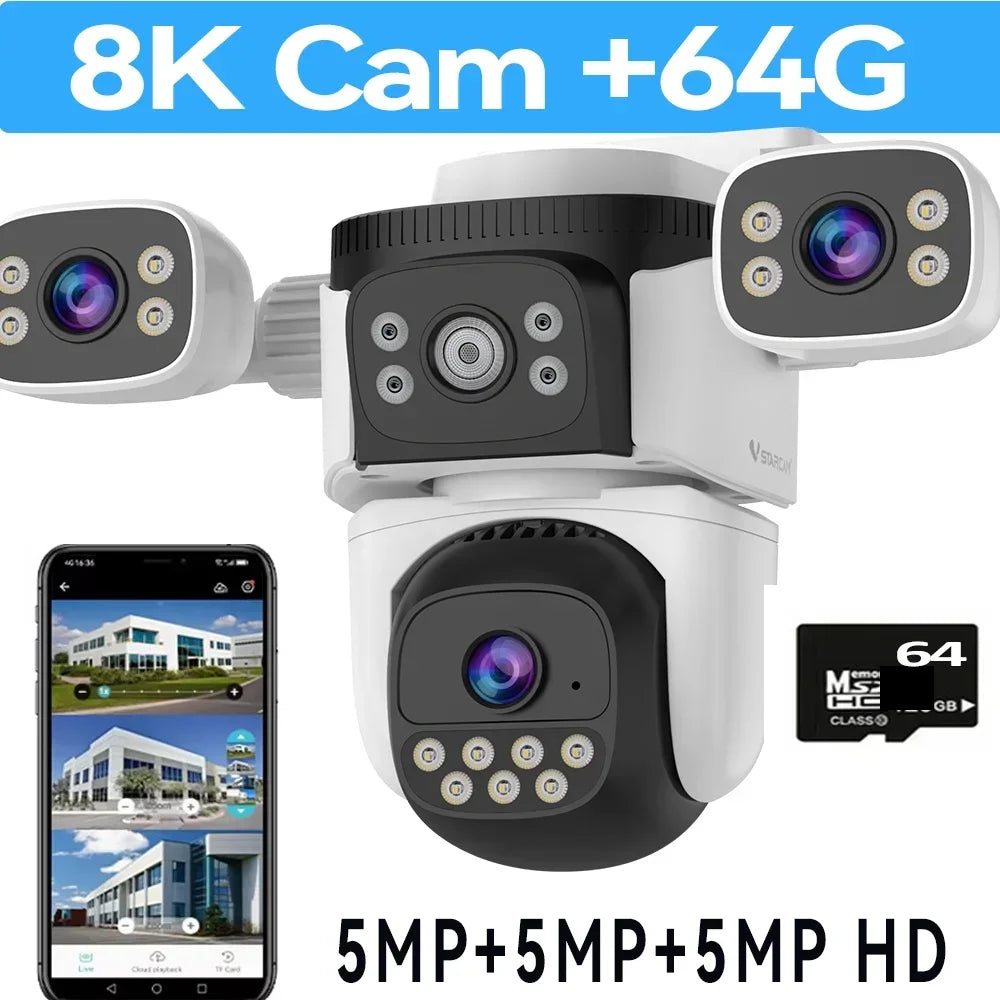 15MP UHD WiFi6 Camera 8K Three Screen Wireless Surveillance Cam Outdoor PTZ Auto Tracking Waterproof CCTV Security IP Camera