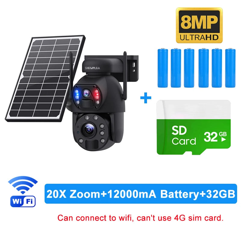 SHIWOJIA 4K 8MP 4G Solar Camera 20X Zoom Dual Lens Recording Humanoid Tracking Outdoor WIFI Camera Metal Waterproof CCTV 12000mA