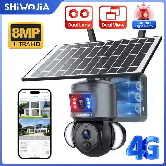 SHIWOJIA 4K 8MP Solar Camera 4G SIM/WIFI Security Outdoor Dual Lens Recording Humanoid Tracking Color Night Vision PTZ Cam