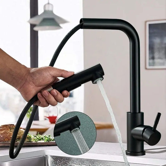 Matte Black Pull Out Kitchen Sink Faucet Two Model Stream Sprayer Nozzle Stainless Steel Hot Cold Wate Mixer Tap Deck